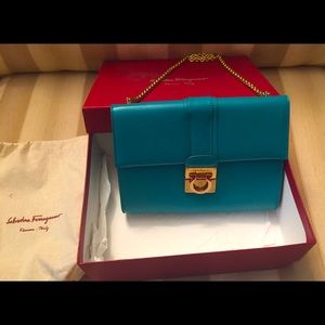 NIB FERRAGAMO AUQA BLUE GOLD CHAIN PURSE/BAG